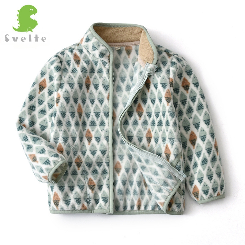 Bērnu polārfleksa jaka ar dinosaura apdruku, rāvējslēdzējs, stāvošā apkakle, zēniem 3–8 gadi