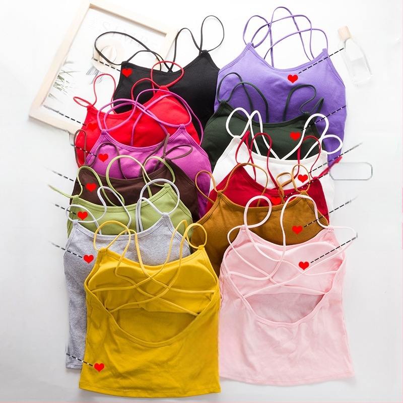 Sieviešu kokvilnas top ar krūšu spilventiņiem, krustotas siksnas aizmugurē, zemais izgriezums, visu sezonu, 90–95% kokvilnas, auduma blīvums 181–200 g/m²