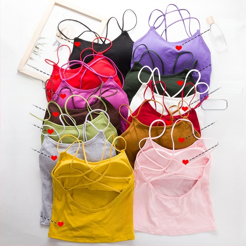 Sieviešu kokvilnas top ar krūšu spilventiņiem, krustotas siksnas aizmugurē, zemais izgriezums, visu sezonu, 90–95% kokvilnas, auduma blīvums 181–200 g/m²