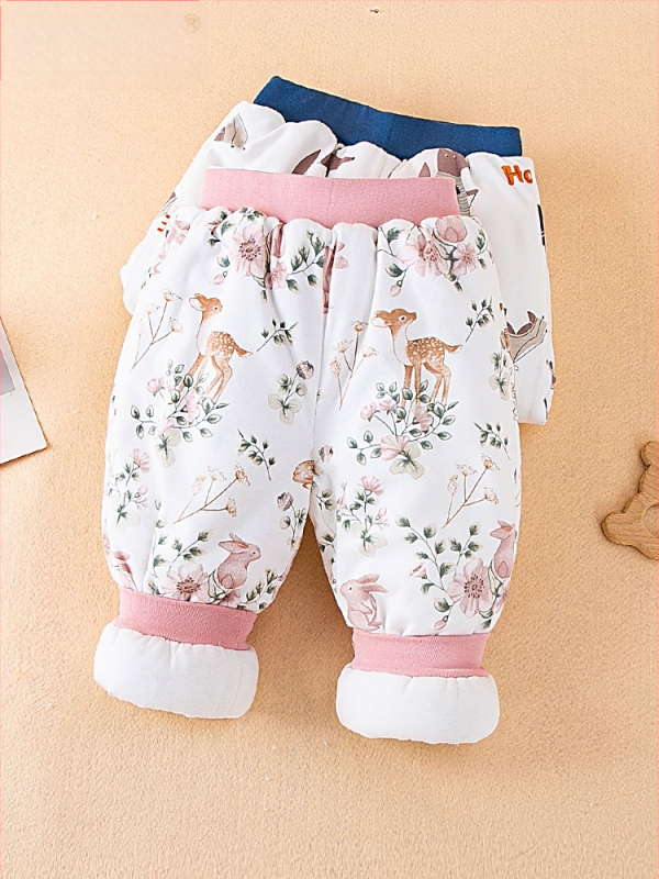 Bērnu kokvilnas bikses ziemai, unisex, augsta vidukļa, pildītas, karikatūras raksts, 100% kokvilna, 1–3 gadi