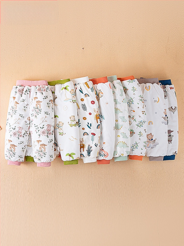 Bērnu kokvilnas bikses ziemai, unisex, augsta vidukļa, pildītas, karikatūras raksts, 100% kokvilna, 1–3 gadi