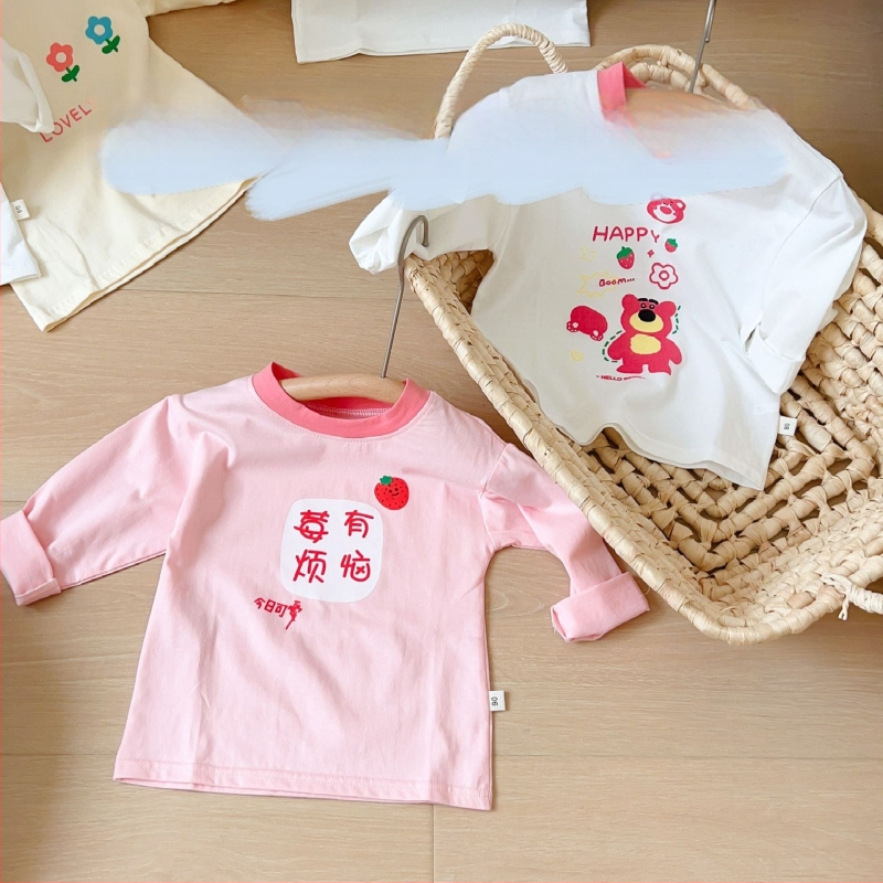 Bērnu garās piedurknes T-krekls, 100% kokvilna, karikatūras raksts, mīksta apdare, apaļš kakls, pavasaris–rudens