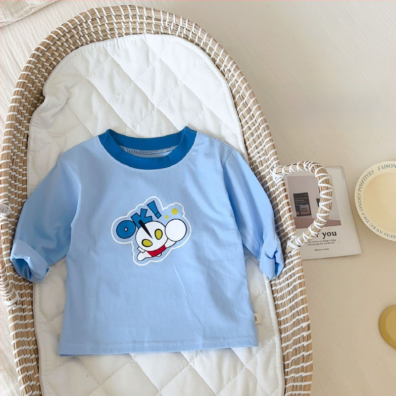 Bērnu garās piedurknes T-krekls, 100% kokvilna, karikatūras raksts, mīksta apdare, apaļš kakls, pavasaris–rudens