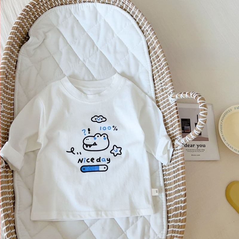 Bērnu garās piedurknes T-krekls, 100% kokvilna, karikatūras raksts, mīksta apdare, apaļš kakls, pavasaris–rudens