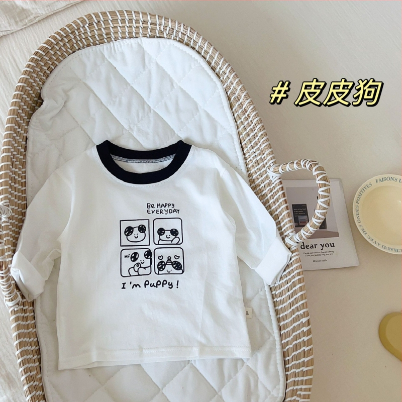 Bērnu garās piedurknes T-krekls, 100% kokvilna, karikatūras raksts, mīksta apdare, apaļš kakls, pavasaris–rudens