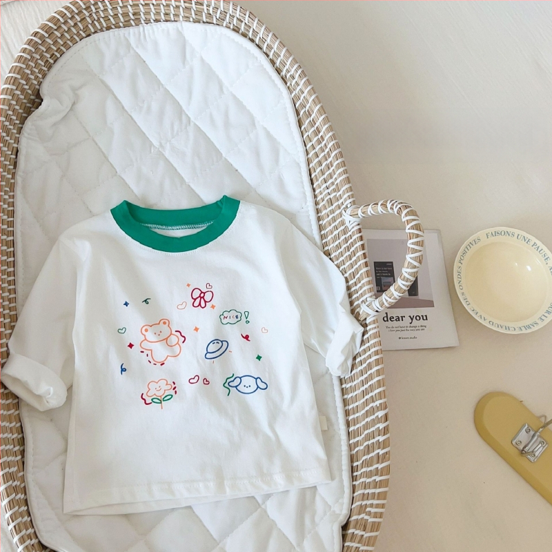 Bērnu garās piedurknes T-krekls, 100% kokvilna, karikatūras raksts, mīksta apdare, apaļš kakls, pavasaris–rudens