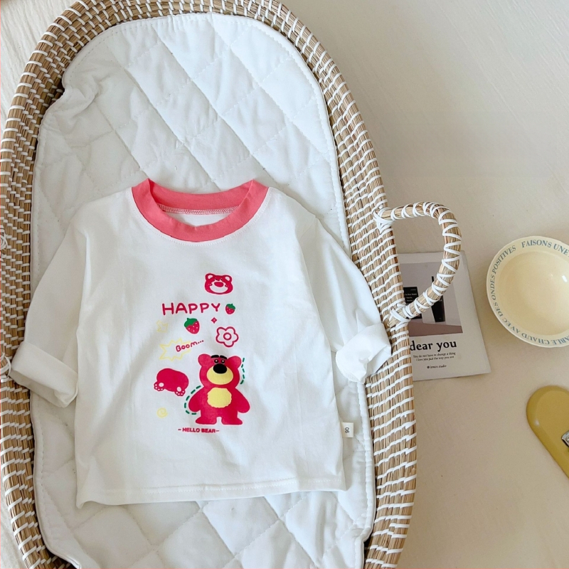 Bērnu garās piedurknes T-krekls, 100% kokvilna, karikatūras raksts, mīksta apdare, apaļš kakls, pavasaris–rudens