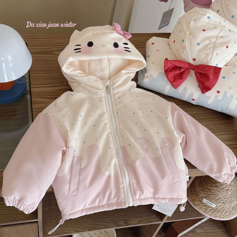 Bērnu ziemas jaka ar kapuci, korejiska stila, karikatūras raksts, bieza izolācija, ārējais materiāls 100% poliesters