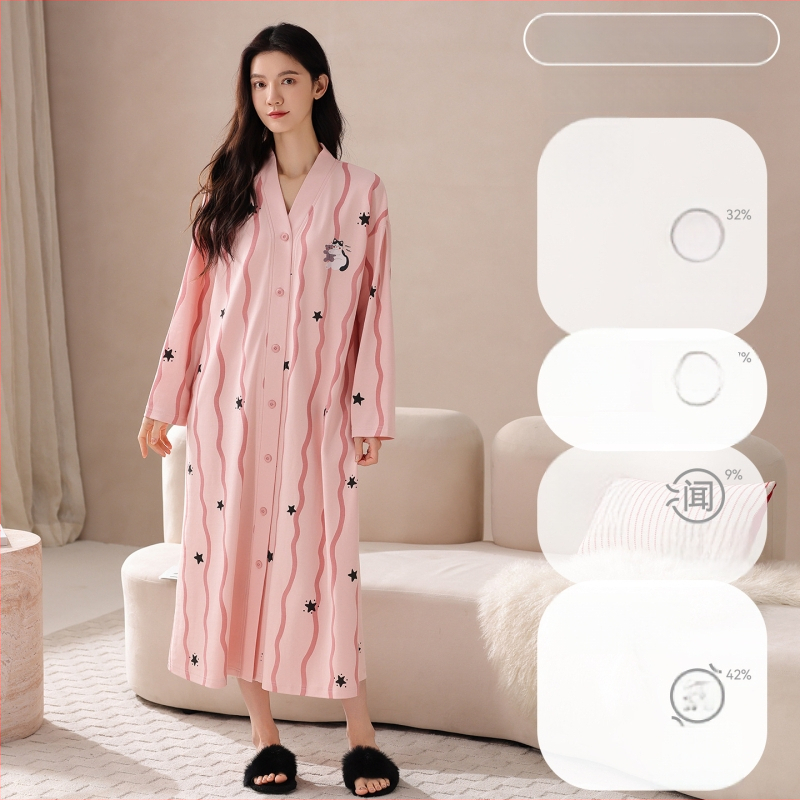 Sieviešu garā naktskleita no kokvilnas, kardigan stila, garas piedurknes, V-veida kakls, garš siluets, piemērots pavasarim un rudenim