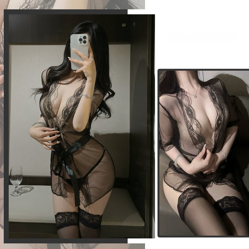 Csipkés, áttetsző hálóing szett kötéssel nőknek, poliészter anyag, 95–100% poliészter