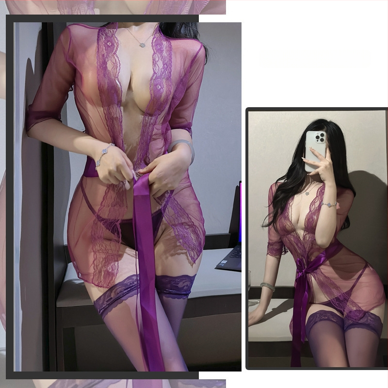 Csipkés, áttetsző hálóing szett kötéssel nőknek, poliészter anyag, 95–100% poliészter