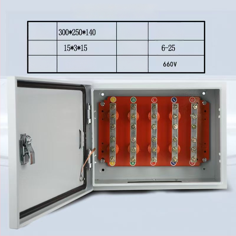 Izoliuota T-jungties dėžė kabeliams su vario šina, sieninis montavimas, IP40, korpusas iš šaltai valcuoto plieno plokštės, pagal užsakymą