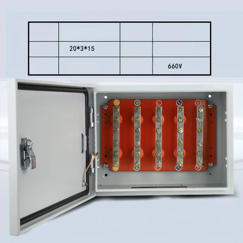 Izoliuota T-jungties dėžė kabeliams su vario šina, sieninis montavimas, IP40, korpusas iš šaltai valcuoto plieno plokštės, pagal užsakymą