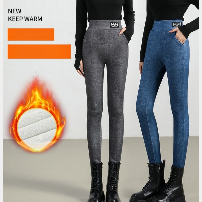 Unisex hlače od pamuka s fleeceom ovčje vune, zimski visoki struk, uski kroj, crne, plus veličina
