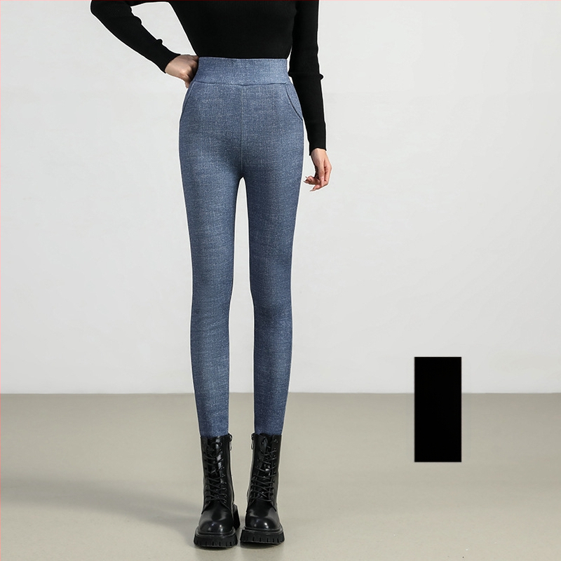 Unisex hlače od pamuka s fleeceom ovčje vune, zimski visoki struk, uski kroj, crne, plus veličina