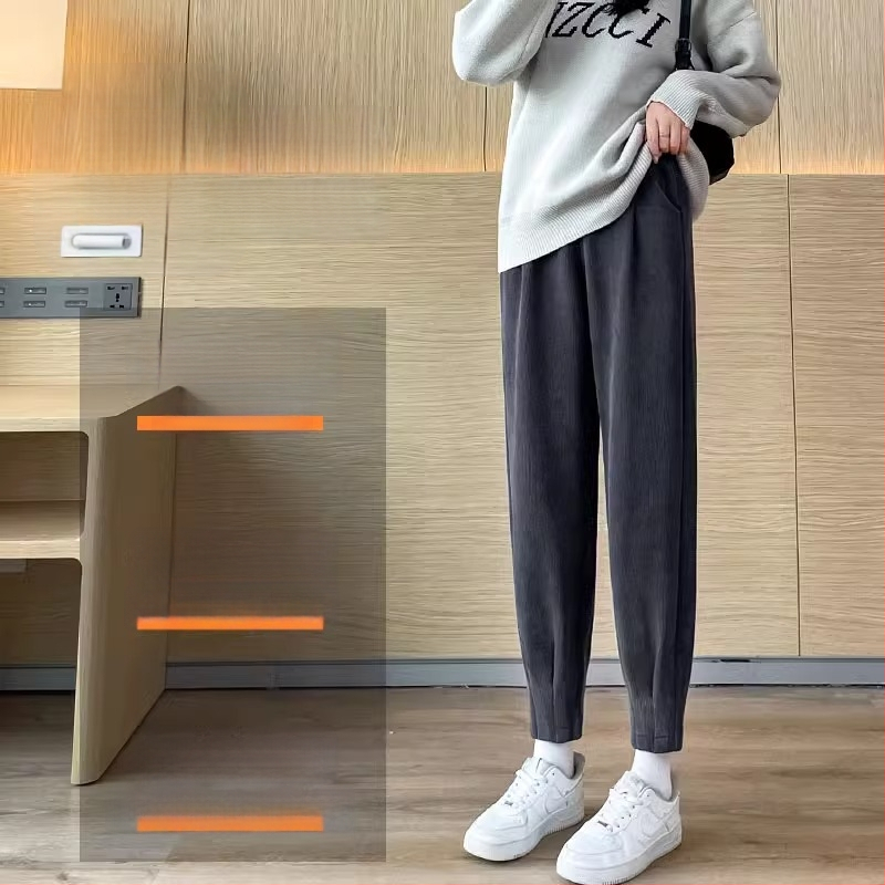 Grūtnieču Chenille bikses ar sānu auklu, brīvs Harem-Carrot stils, bieza fleece iekšpuse, pavasaris–rudens