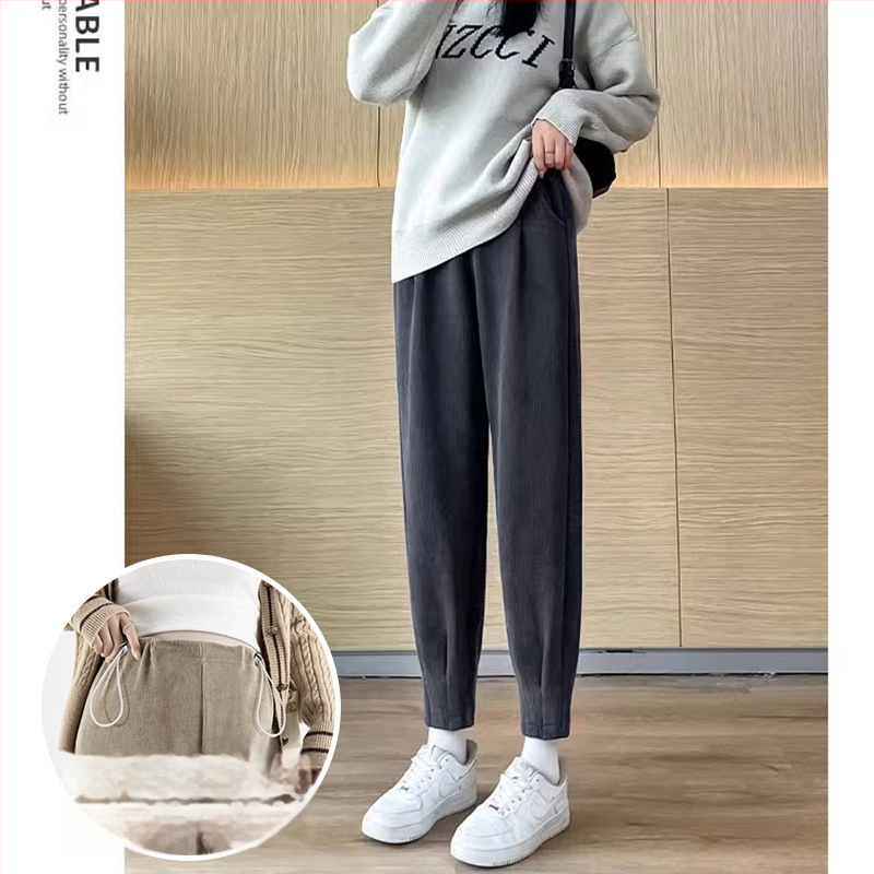 Grūtnieču Chenille bikses ar sānu auklu, brīvs Harem-Carrot stils, bieza fleece iekšpuse, pavasaris–rudens