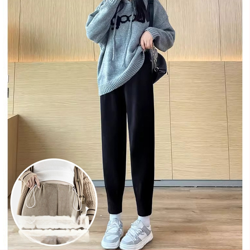 Grūtnieču Chenille bikses ar sānu auklu, brīvs Harem-Carrot stils, bieza fleece iekšpuse, pavasaris–rudens