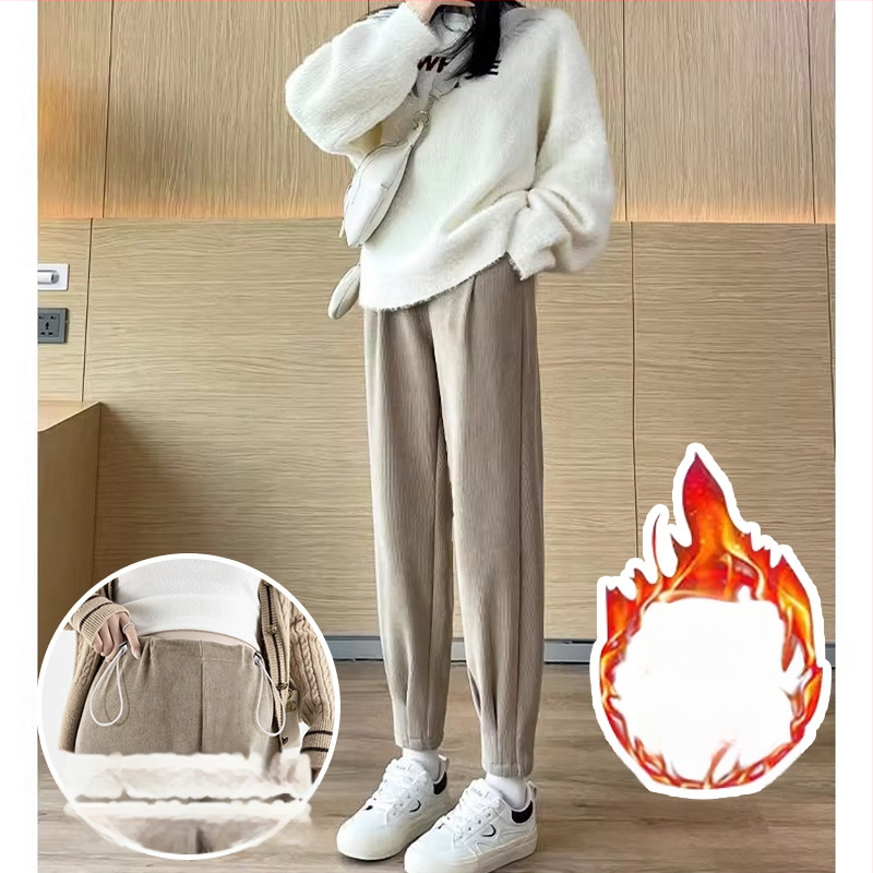 Grūtnieču Chenille bikses ar sānu auklu, brīvs Harem-Carrot stils, bieza fleece iekšpuse, pavasaris–rudens