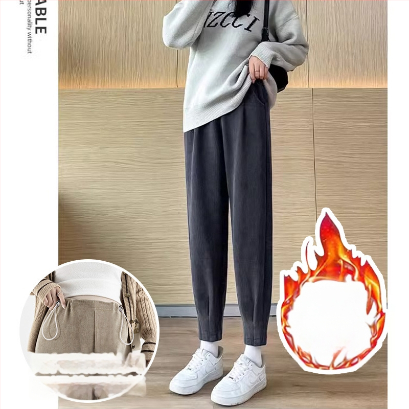 Grūtnieču Chenille bikses ar sānu auklu, brīvs Harem-Carrot stils, bieza fleece iekšpuse, pavasaris–rudens