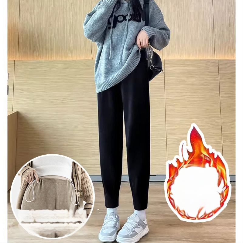 Grūtnieču Chenille bikses ar sānu auklu, brīvs Harem-Carrot stils, bieza fleece iekšpuse, pavasaris–rudens