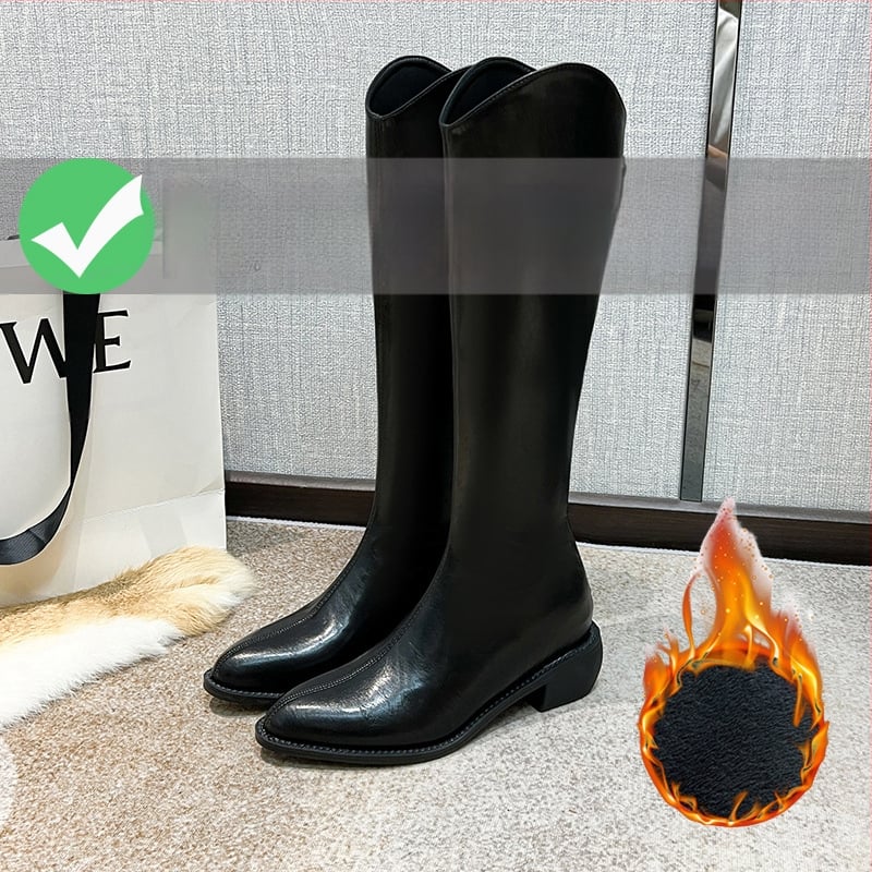 Moterų riteriniai batai su aukštu vamzdeliu - dviejų sluoksnių jautienos odos vampas, odinis įdėklas, guminė padas, vidinis pakilimo kulnas 3–5 cm, smailus pirštas