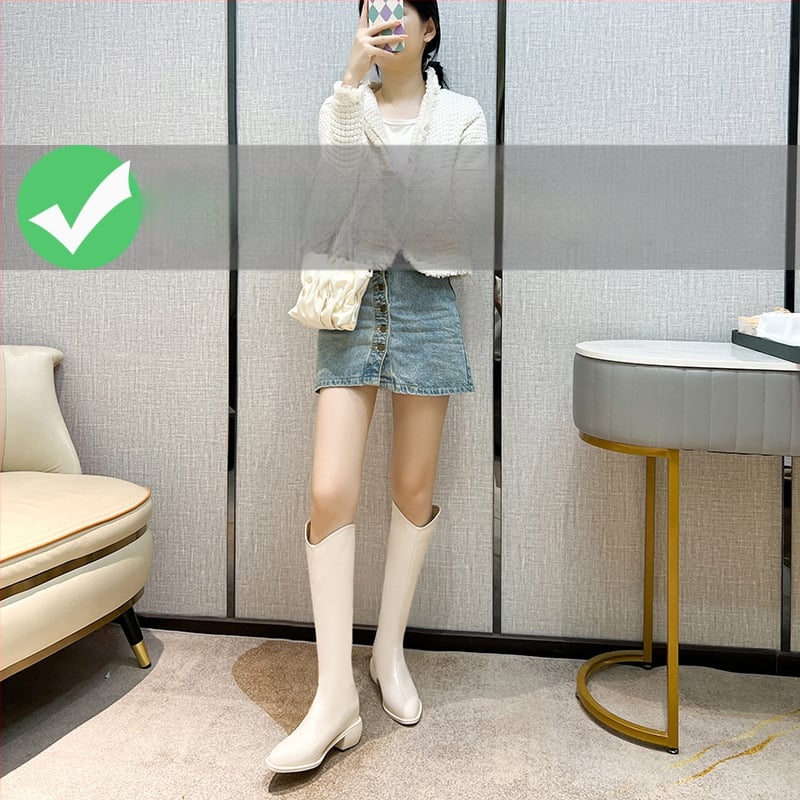 Moterų riteriniai batai su aukštu vamzdeliu - dviejų sluoksnių jautienos odos vampas, odinis įdėklas, guminė padas, vidinis pakilimo kulnas 3–5 cm, smailus pirštas