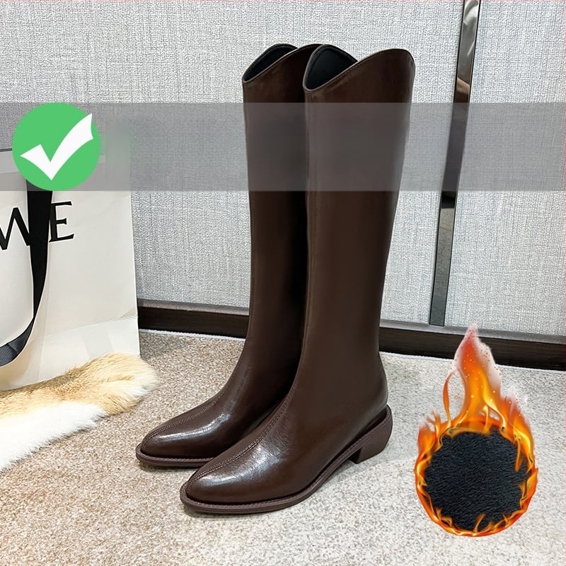 Moterų riteriniai batai su aukštu vamzdeliu - dviejų sluoksnių jautienos odos vampas, odinis įdėklas, guminė padas, vidinis pakilimo kulnas 3–5 cm, smailus pirštas