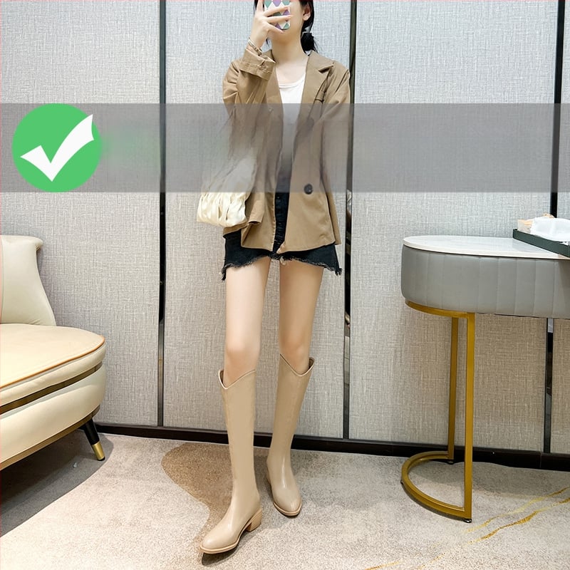 Moterų riteriniai batai su aukštu vamzdeliu - dviejų sluoksnių jautienos odos vampas, odinis įdėklas, guminė padas, vidinis pakilimo kulnas 3–5 cm, smailus pirštas