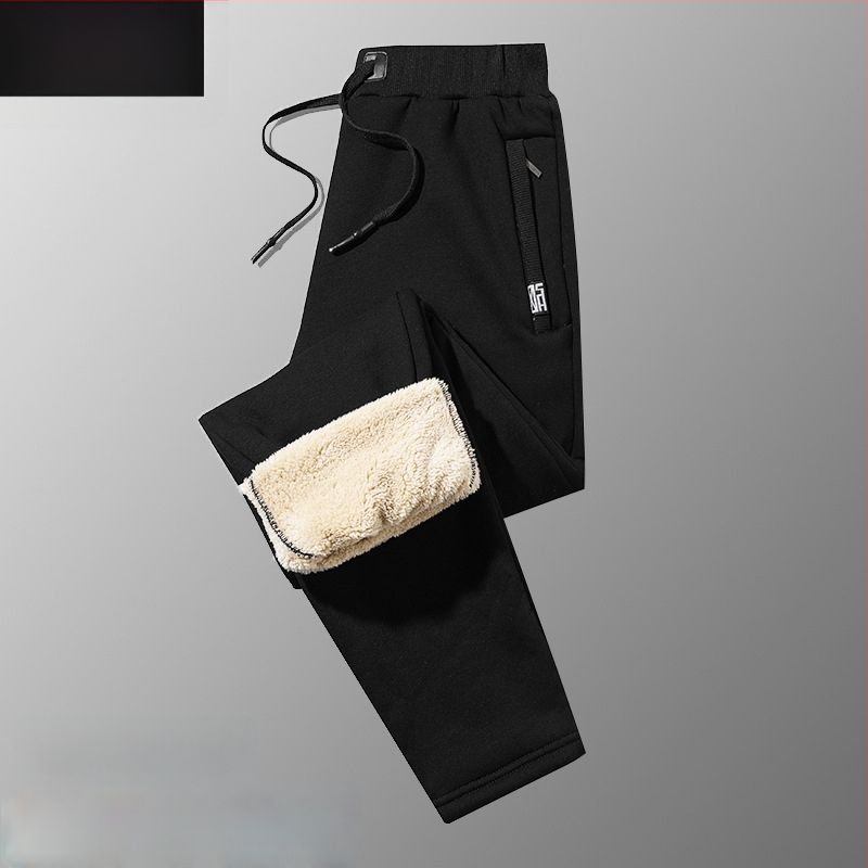 Férfi téli fleece-béléssel ellátott pamut-keverék anyagú egyenes szabású nadrág, húzózsinóros zárással