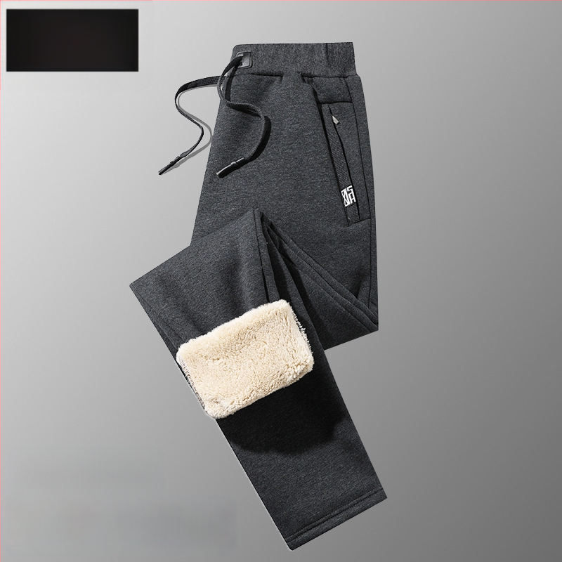 Férfi téli fleece-béléssel ellátott pamut-keverék anyagú egyenes szabású nadrág, húzózsinóros zárással