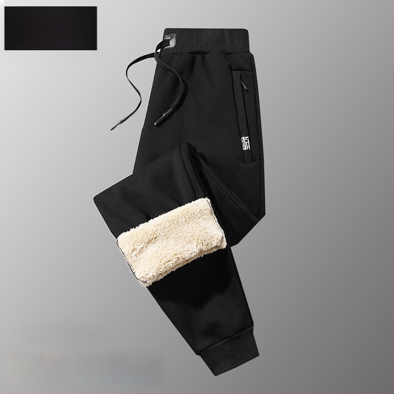 Férfi téli fleece-béléssel ellátott pamut-keverék anyagú egyenes szabású nadrág, húzózsinóros zárással