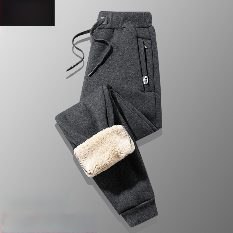 Férfi téli fleece-béléssel ellátott pamut-keverék anyagú egyenes szabású nadrág, húzózsinóros zárással
