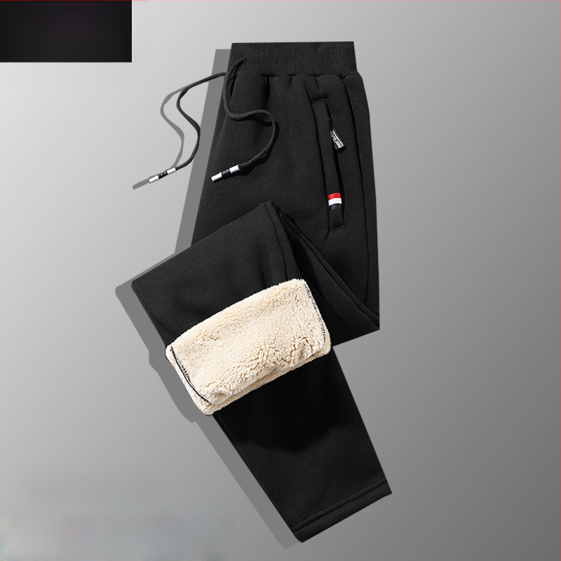 Férfi téli fleece-béléssel ellátott pamut-keverék anyagú egyenes szabású nadrág, húzózsinóros zárással