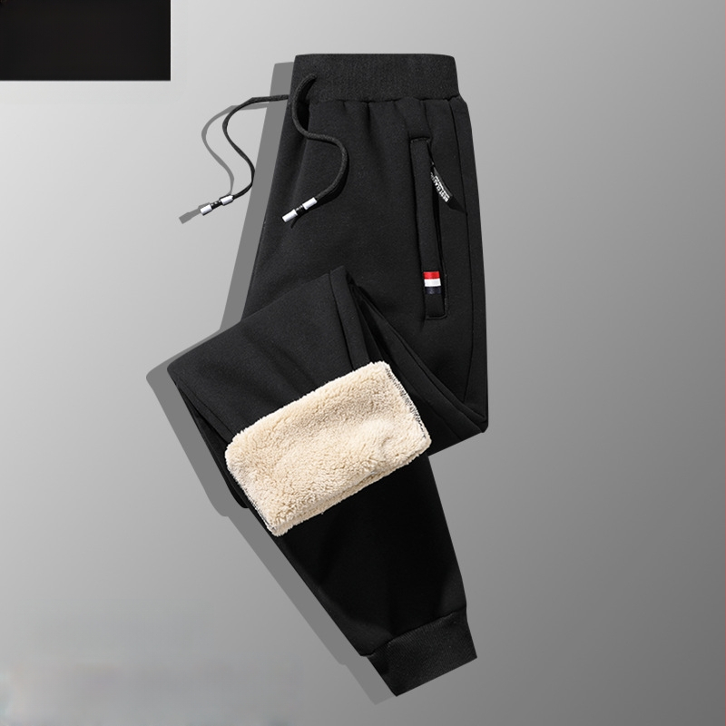 Férfi téli fleece-béléssel ellátott pamut-keverék anyagú egyenes szabású nadrág, húzózsinóros zárással