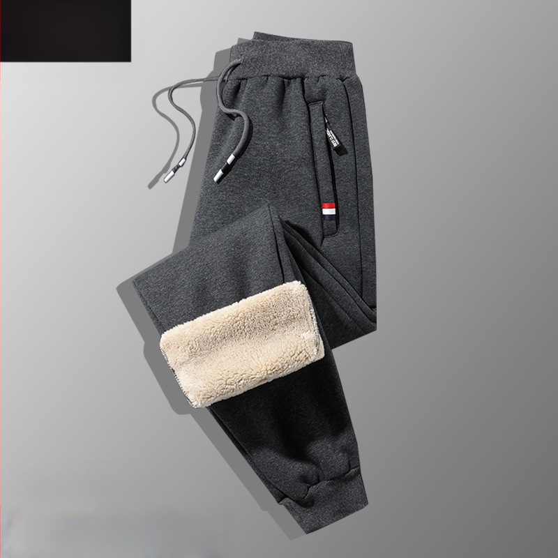 Férfi téli fleece-béléssel ellátott pamut-keverék anyagú egyenes szabású nadrág, húzózsinóros zárással