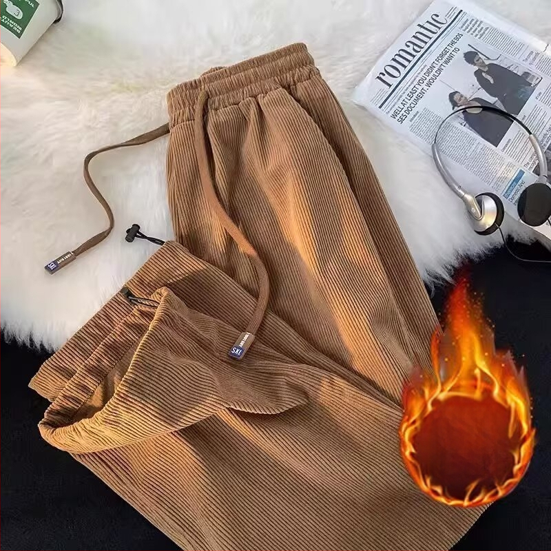 Férfi Corduroy nadrág, egyenes szabás, középmagas derekú, húzózsinóros zárás, könnyű poliészter anyag