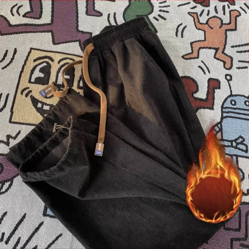 Férfi Corduroy nadrág, egyenes szabás, középmagas derekú, húzózsinóros zárás, könnyű poliészter anyag