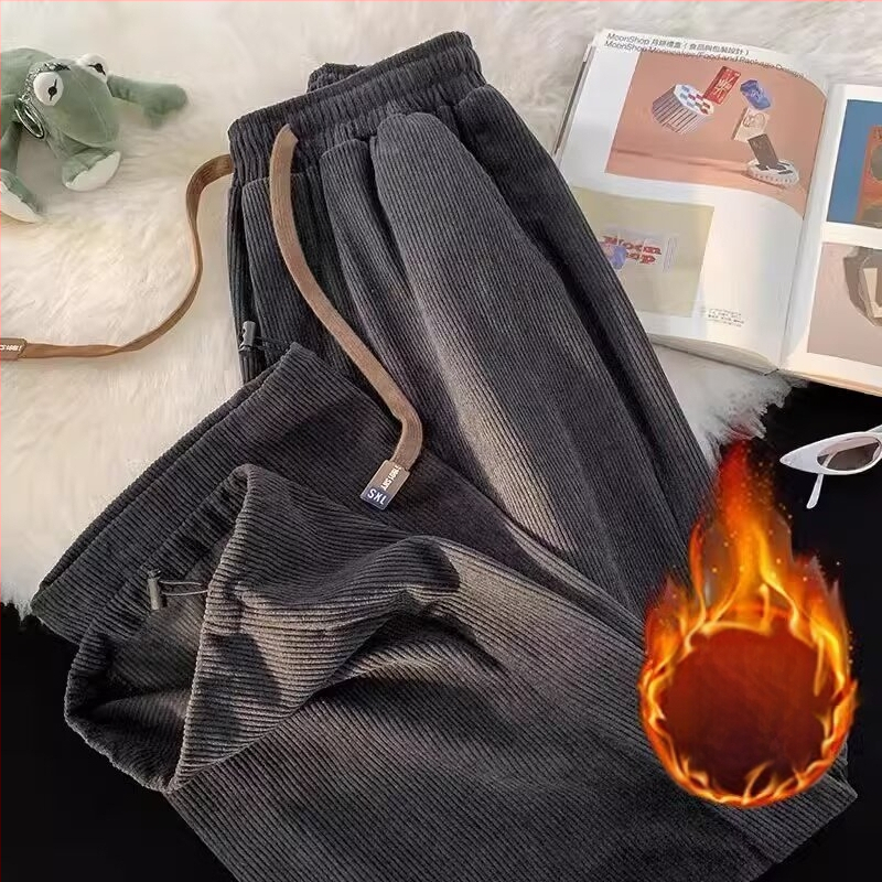 Férfi Corduroy nadrág, egyenes szabás, középmagas derekú, húzózsinóros zárás, könnyű poliészter anyag