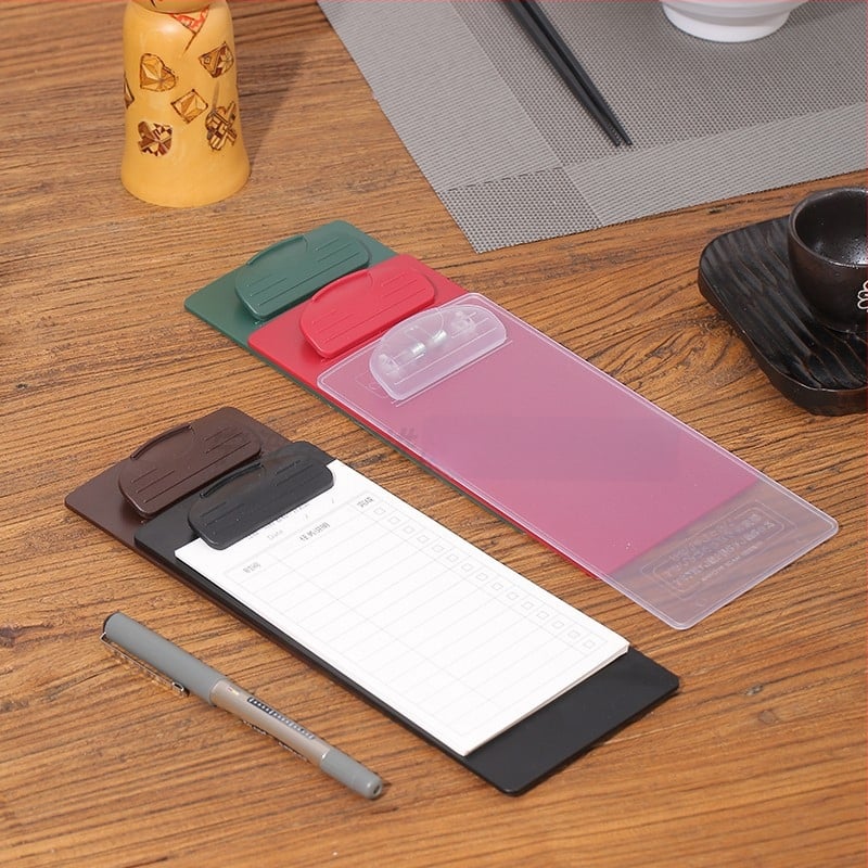 Plastikinis meniu laikiklis su 6 skylėmis užpakalyje, skirtas A5 popieriui, spaustuko dydis 9