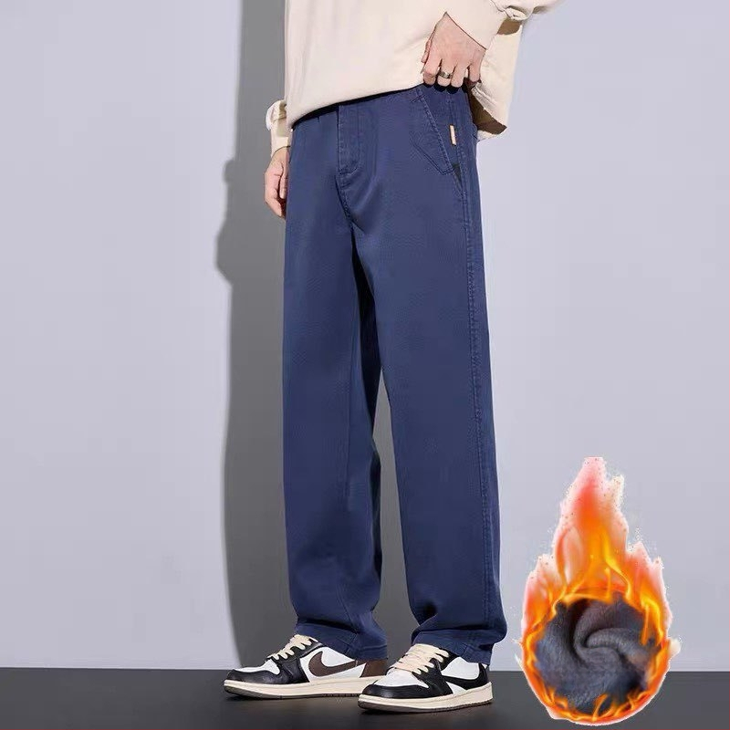 Férfi Lyocell anyagú nadrág fleece-belelt, egyenes szabású, középmagas derék, cipzáras és övvel, téli viselet