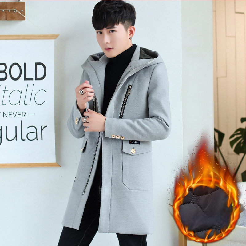Ziemas vidēja garuma vīriešu trench palto, korejiešu stilā, slim fit, kapuce, rāvējslēdzējs priekšā, augsta apkakle, daudz kabatu