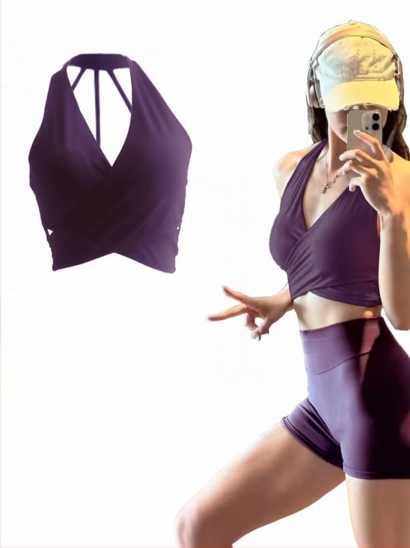 Top yoga damă cu decolteu adânc în V și sutien încorporat, respirabil, uscare rapidă, Nylon Spandex (80/20), croială scurtă, potrivire slim