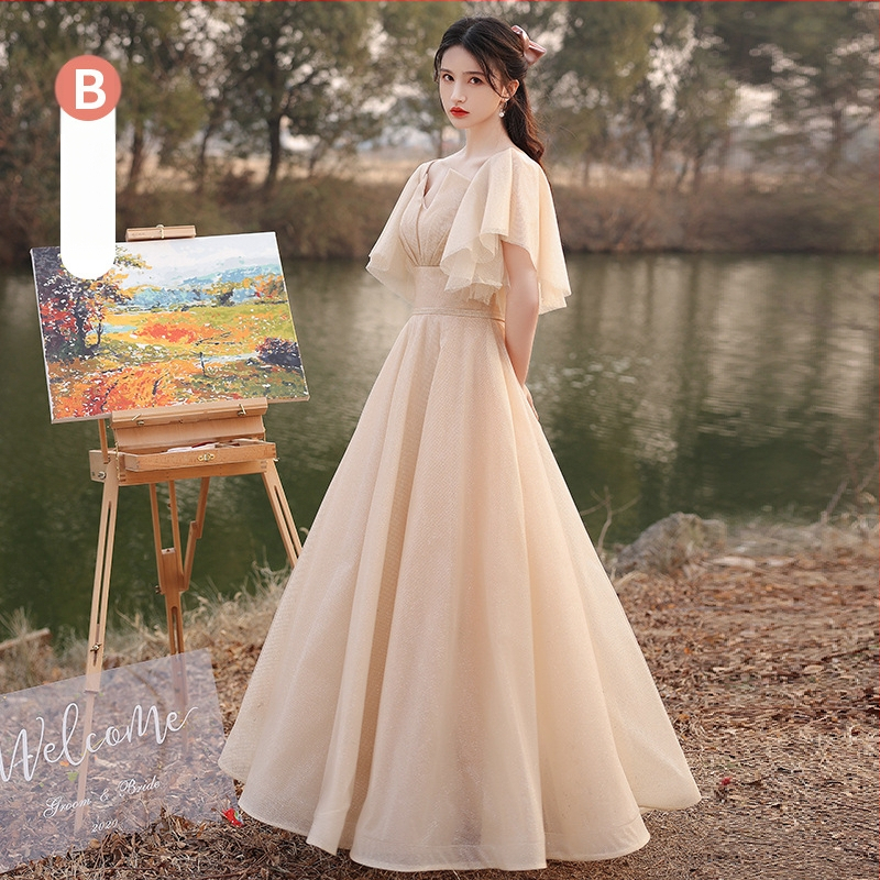 Elegantiška jaunosios palydėtojos suknelė, vasaros 2025 modelis, ilga suknelė, vidutinis liemuo, Feifei rankovės