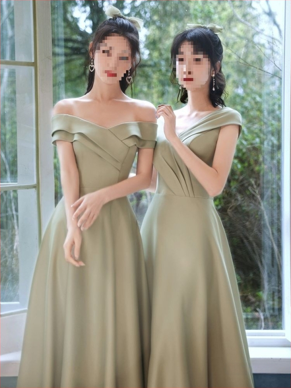 Satiinist pruutneitside kleit, A-liiniline siluett, sügav V-kaelus, varrukateta, pikk kleit