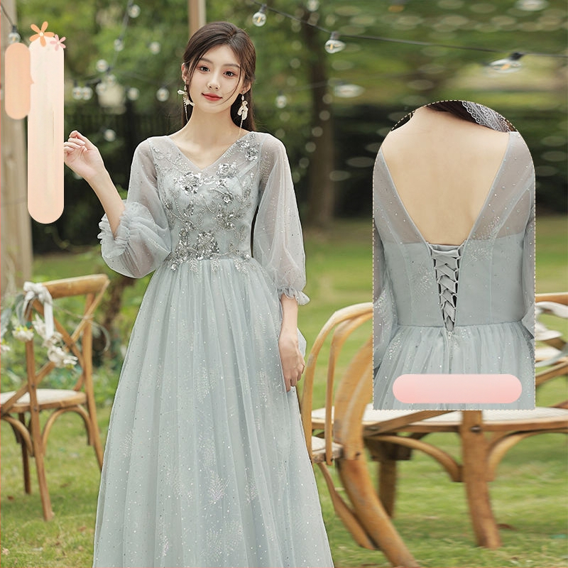 Pruutneitside kleit - A-liiniline siluett, sügav V-kaelus, ilma varrukateta, pikk seelik, Chenille kangas Spandeksiga