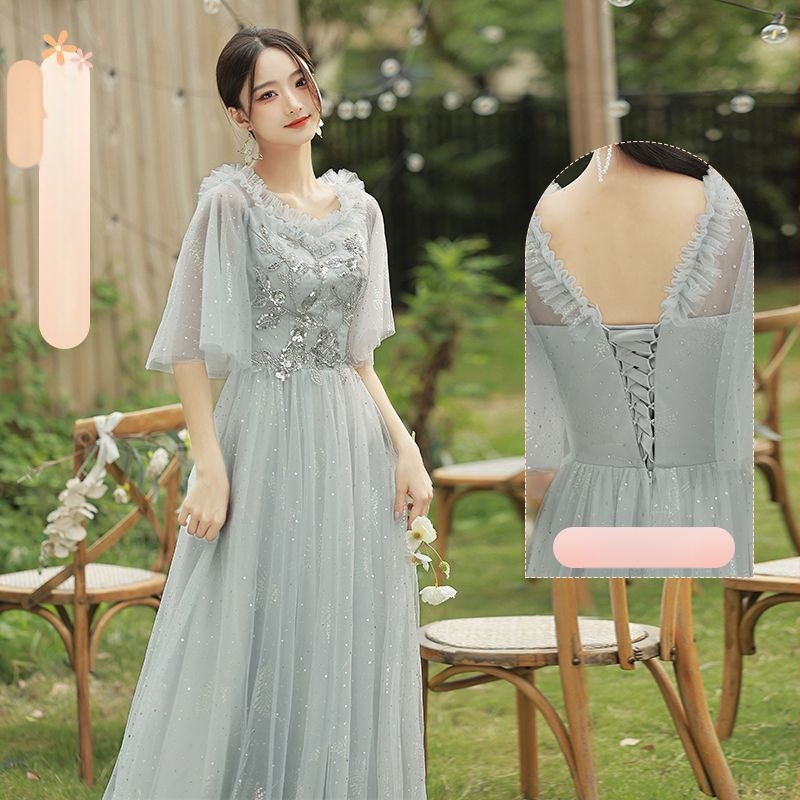 Pruutneitside kleit - A-liiniline siluett, sügav V-kaelus, ilma varrukateta, pikk seelik, Chenille kangas Spandeksiga