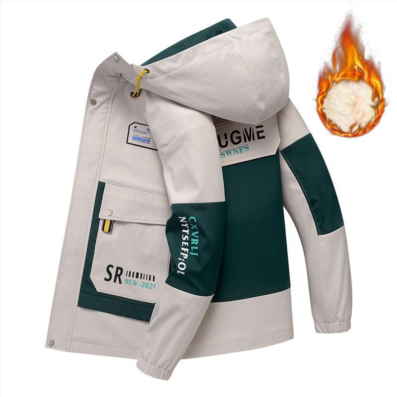 Meeste talvekapuutsiga jope fleecevoodriga, vaba lõige, ees tõmblukk, tuulekindel