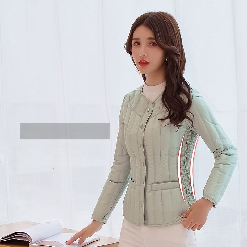 Sievietes šaura pūkaina jaka ar balto pīļu pūku – bez apkakles, vidēja garuma, gari piedurknēm, poliestera audums