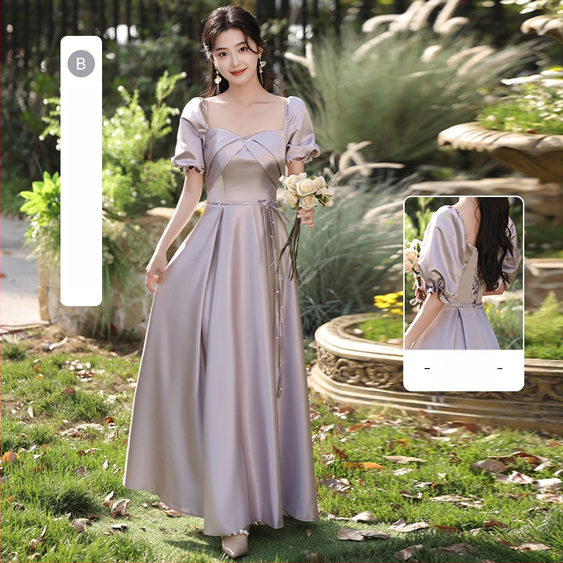 Pruutneitside kleit, A-line, kõrge vöökoht, atsetaadi–polüesteri segu, pikk kleit, 3/4 varrukad